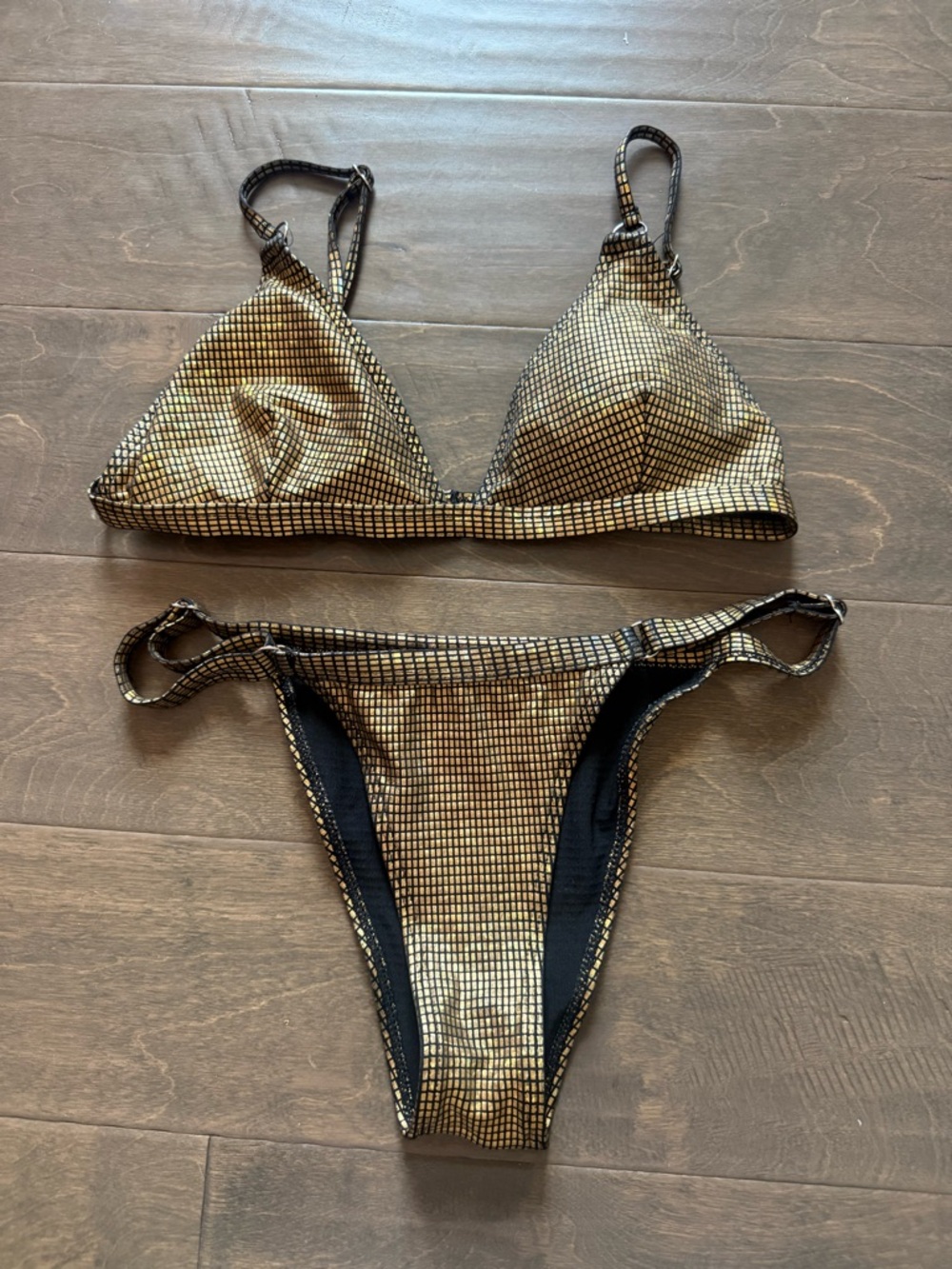 SHEIN Gold Metallic Grid Triangle Bikini Set